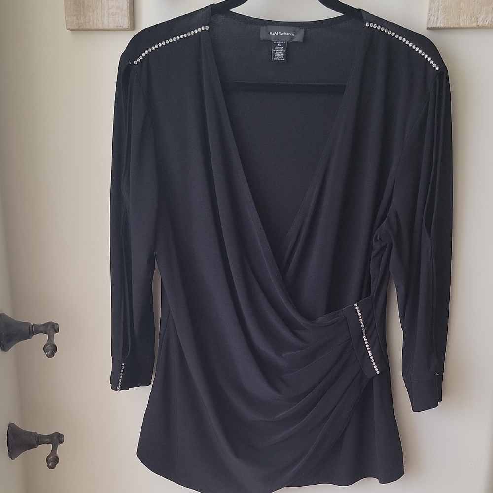 R & M Richards Black 3/4 Sleeve Wrap Blouse